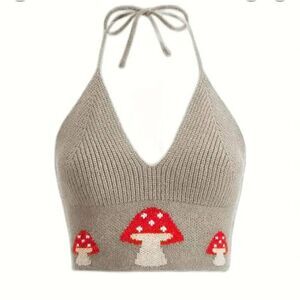 Knit halter, crop top green with mushrooms. New without tags